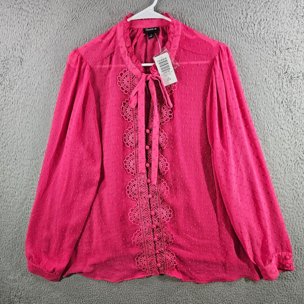 Torrid Pink Peacock Gauze Clip Dot Ruffle Neck Tie Front Blouse 1X 14-16 NEW NWT